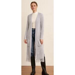 Womens POL Duster Cardigan Large Gray Fringed Open Front Loose Knit Pockets